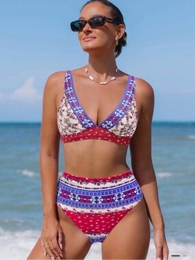 Ethnic Floral Boho Red & Blue Print Tri V-Neck High-Waist Bikini Set